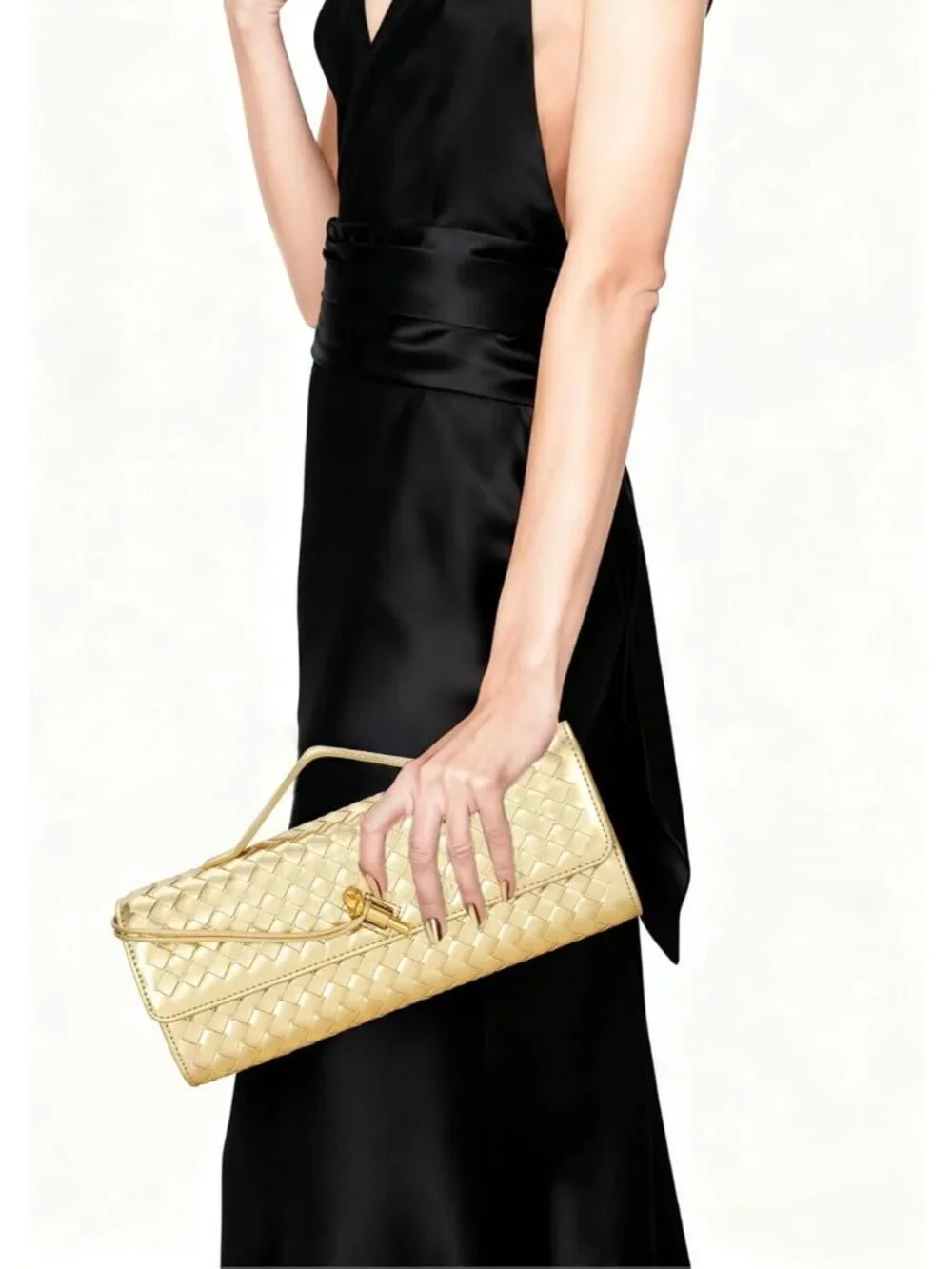 Women's Gold Pu Leather Clutch Twist Lock Stylish Evening Woven Purse Bag